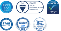ISO 27001, SOC 2 and Cyber Essentials Plus certification badges