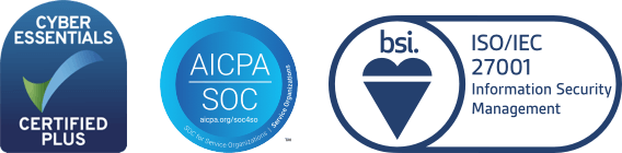 ISO 27001, SOC 2 and Cyber Essentials Plus certification badges